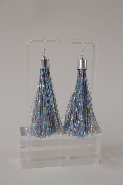 Silver Metallic Tinsel Tassel Earrings
