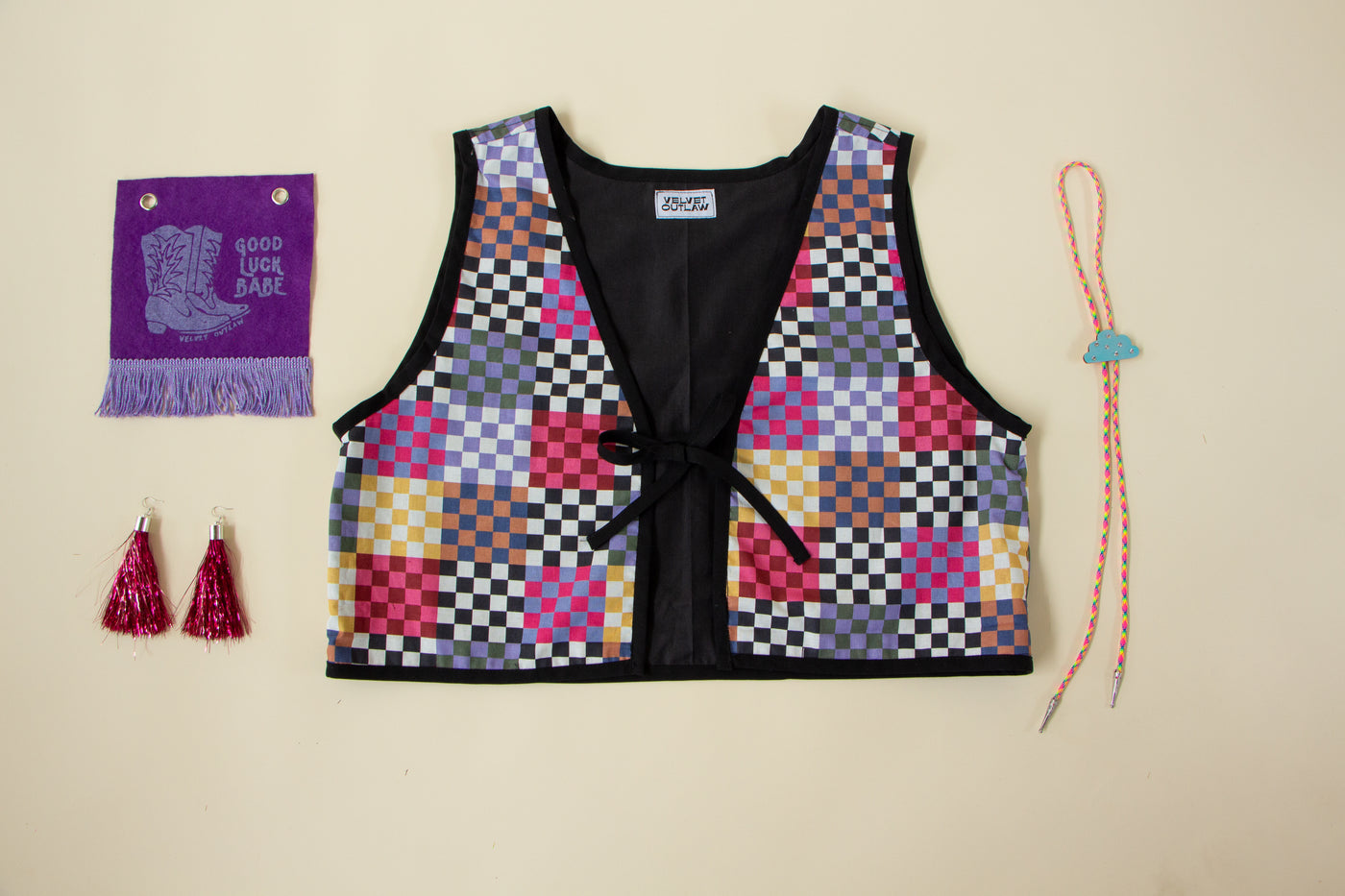 Rainbow Checker Vest with Tie