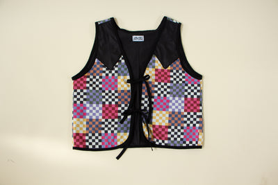 Rainbow Checker  Western Vest with Double Tie Size M