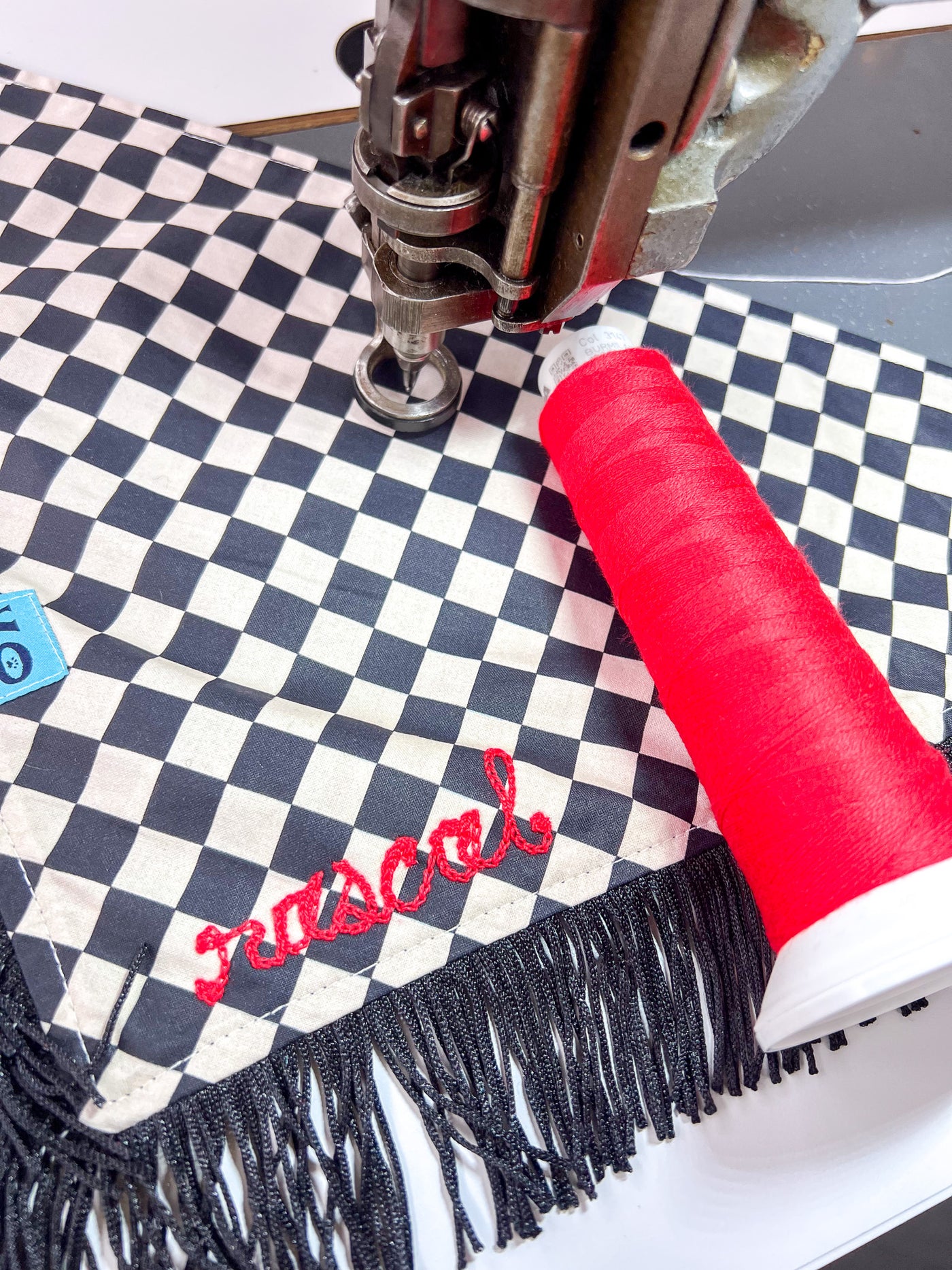 Black & White Checker with Black Fringe Dog Bandana