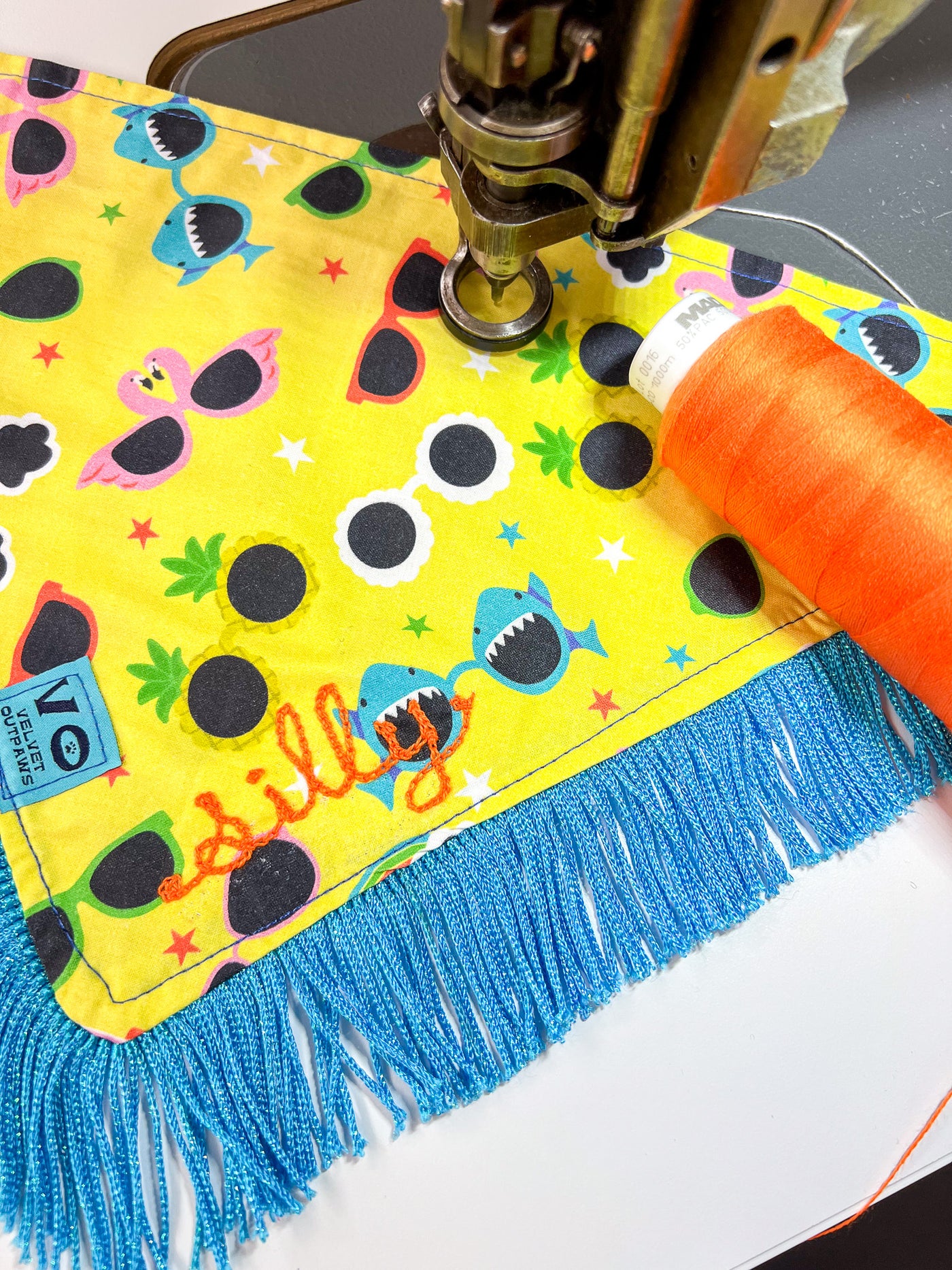 Tropical Sunnies with Metallic Blue Fringe Dog Bandana