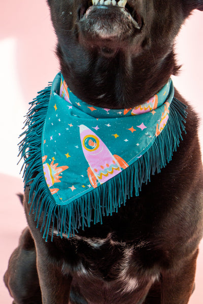 Space Cowboys with Teal Fringe Dog Bandana