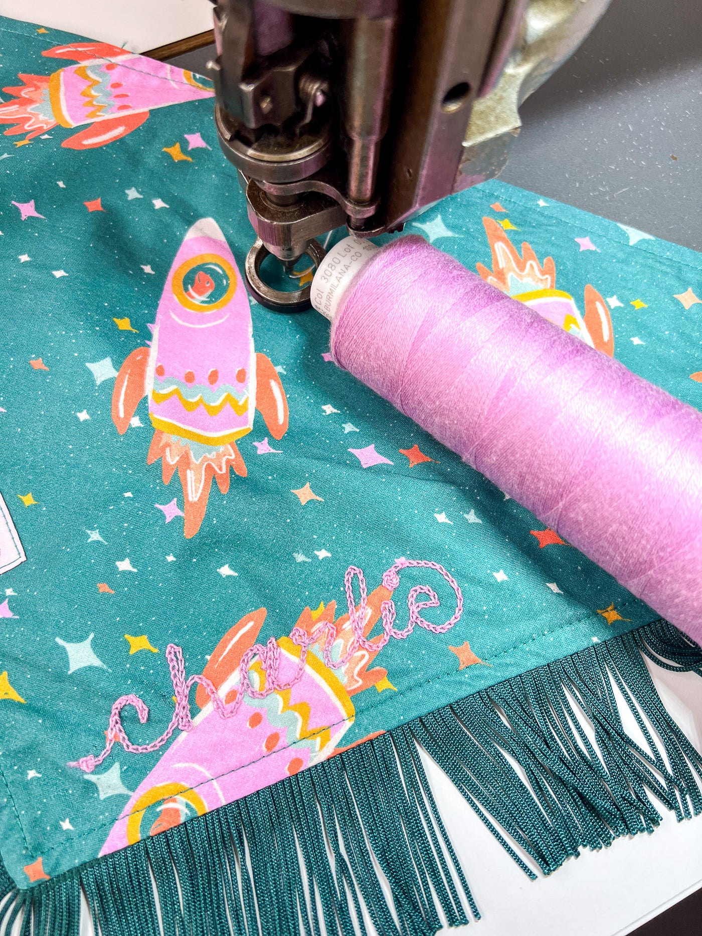 Space Cowboys with Teal Fringe Dog Bandana