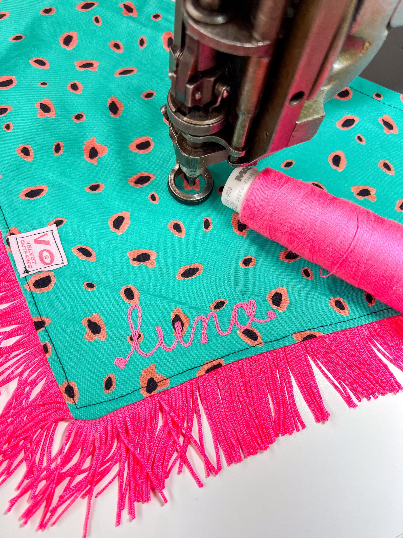 Teal Animal Print with Hot Pink Fringe Dog/Cat Bandana