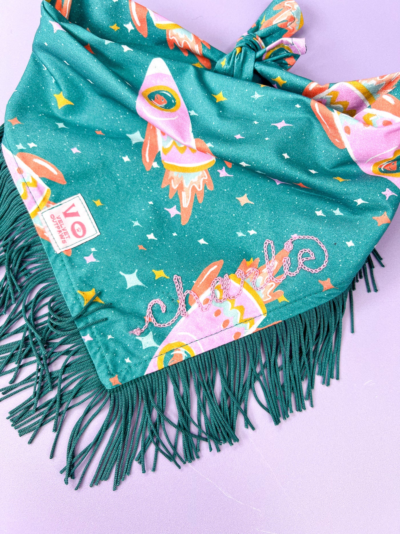 Space Cowboys with Teal Fringe Dog Bandana