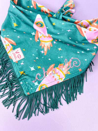 Space Cowboys with Teal Fringe Dog Bandana