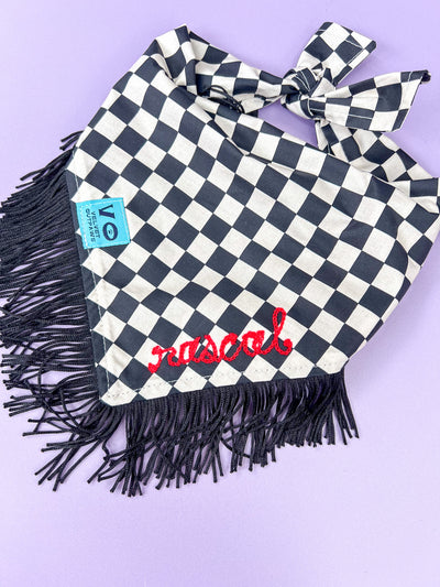 Black & White Checker with Black Fringe Dog Bandana