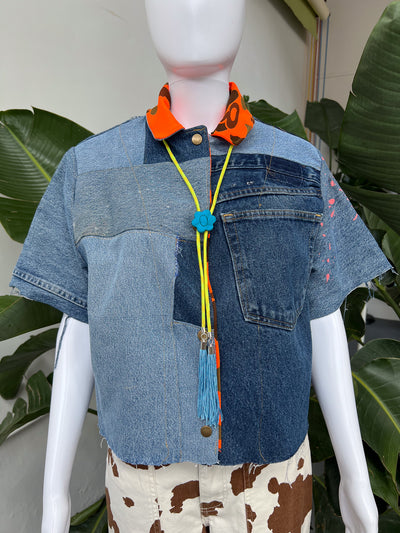 Blue Flower Chartreuse Yellow Bolo Tie