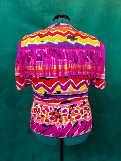 Multicolor Short Sleeve Blazer with Pink Fringe - Size 14/L