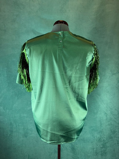 Green Shiny Shirt with Metallic Tinsel Fringe Shoulders - Size XL