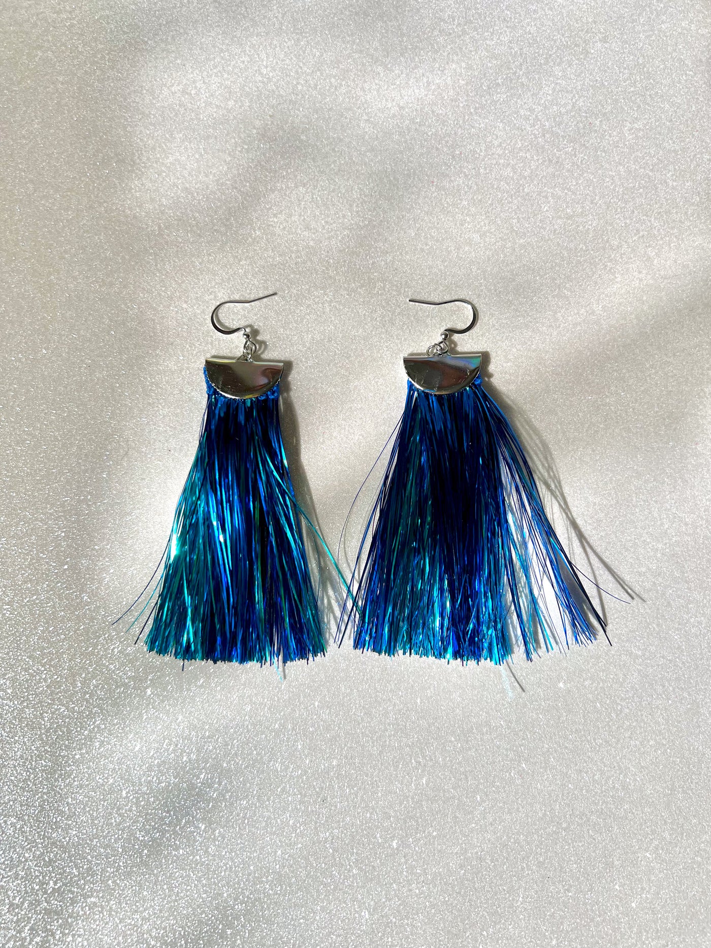Blue Metallic Tinsel Tassel Earrings - Medium