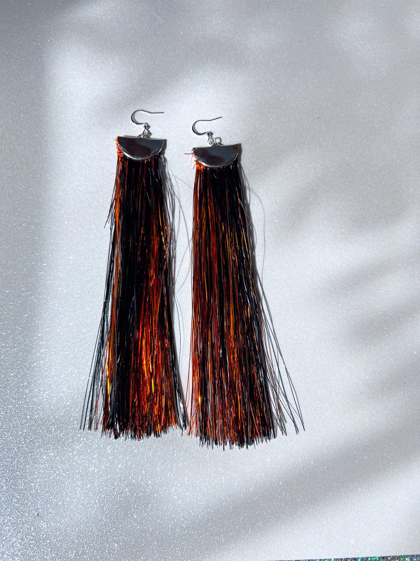 Black and Orange Metallic Tinsel Tassel Earrings - Long