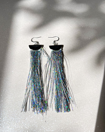 Silver Metallic Tinsel Tassel Earrings - Long