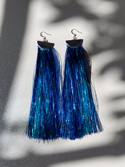 Blue Metallic Tinsel Tassel Earrings - Long