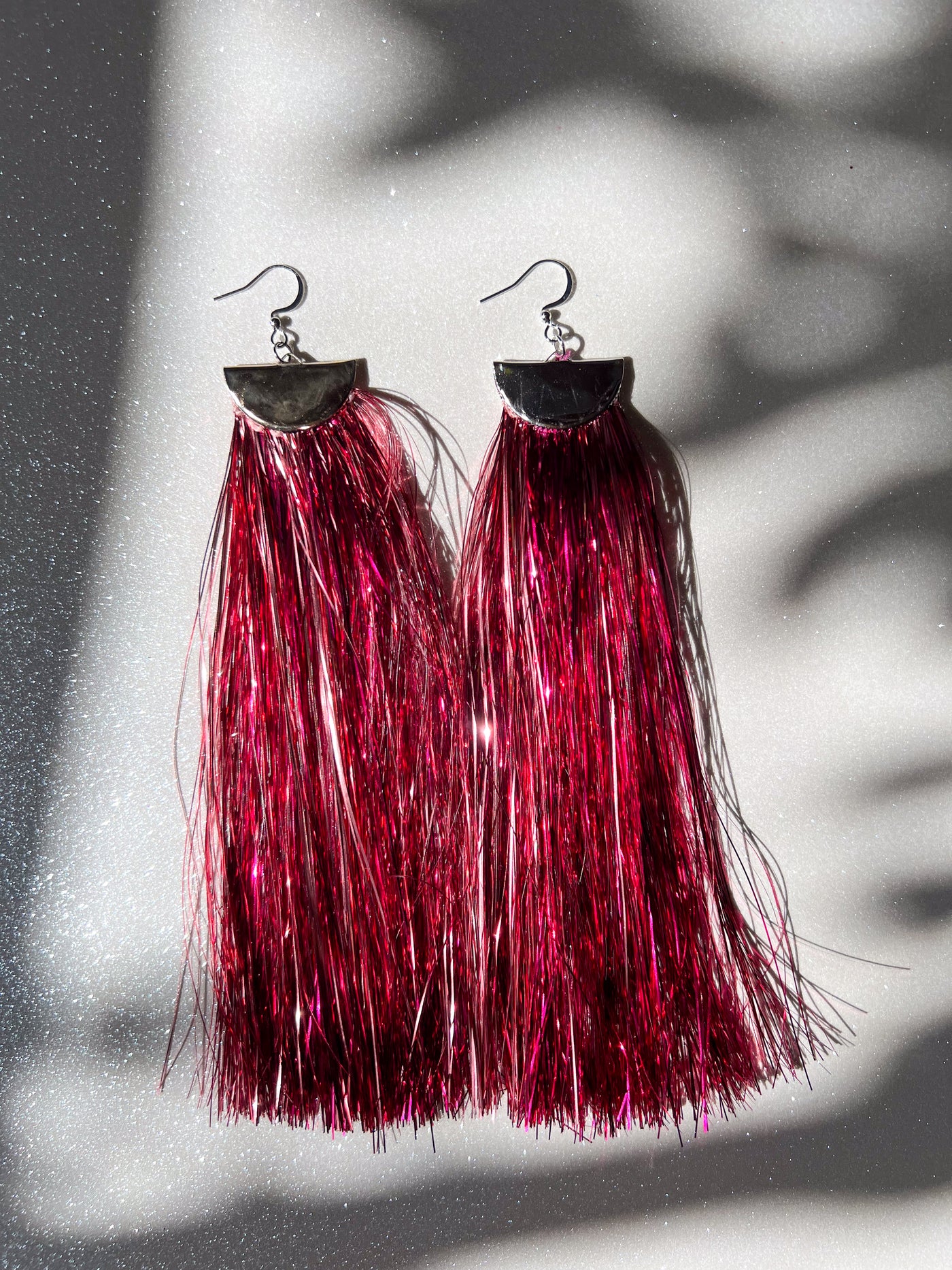 Pink Metallic Tinsel Tassel Earrings - Long
