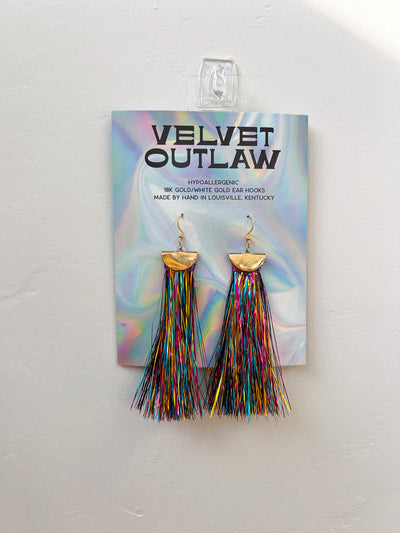 Rainbow Metallic Tinsel Tassel Earrings - Medium