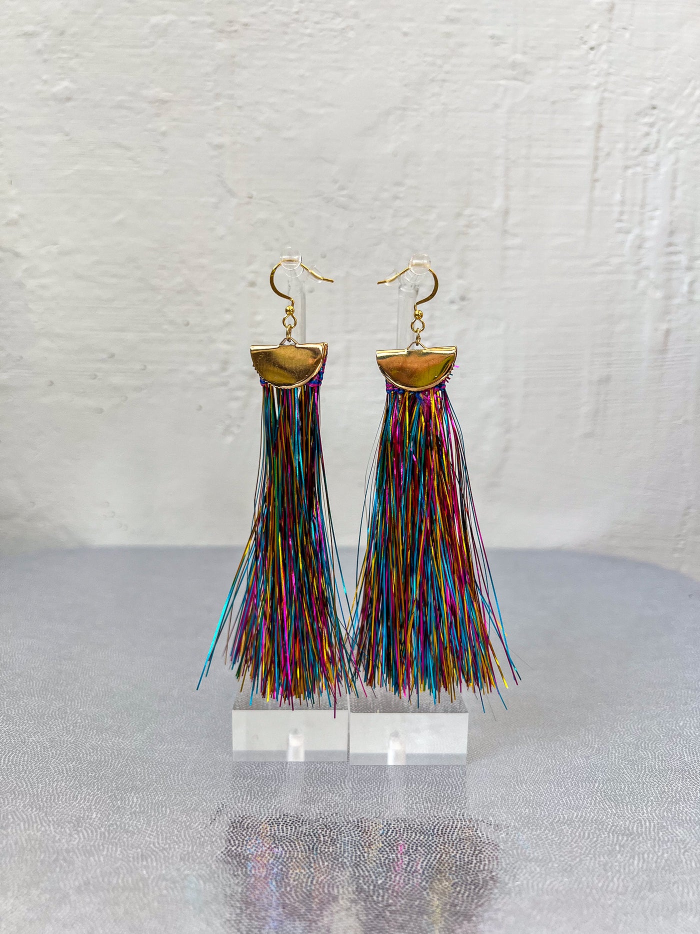 Rainbow Metallic Tinsel Tassel Earrings - Medium