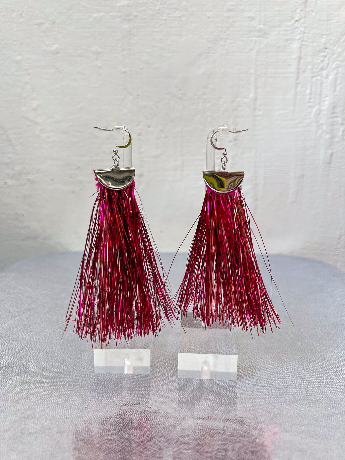 Pink Metallic Tinsel Tassel Earrings - Medium