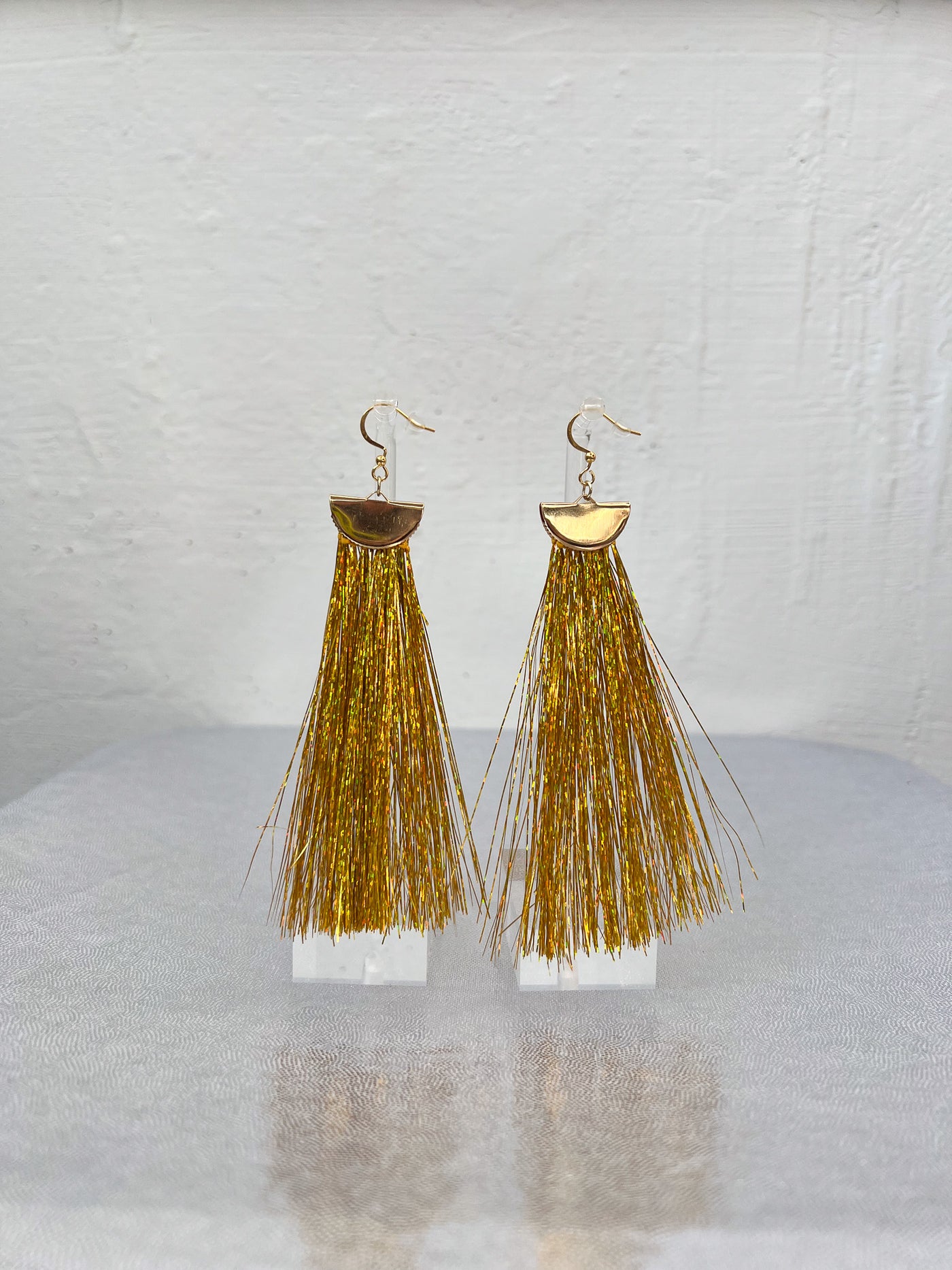 Gold Metallic Tinsel Tassel Earrings - Medium