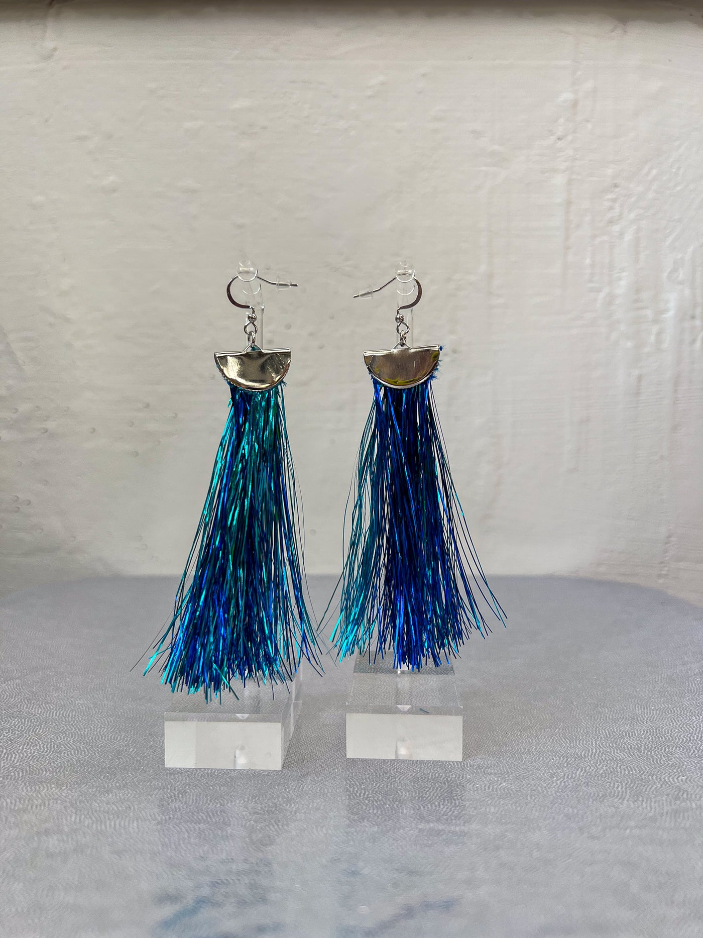 Blue Metallic Tinsel Tassel Earrings - Medium