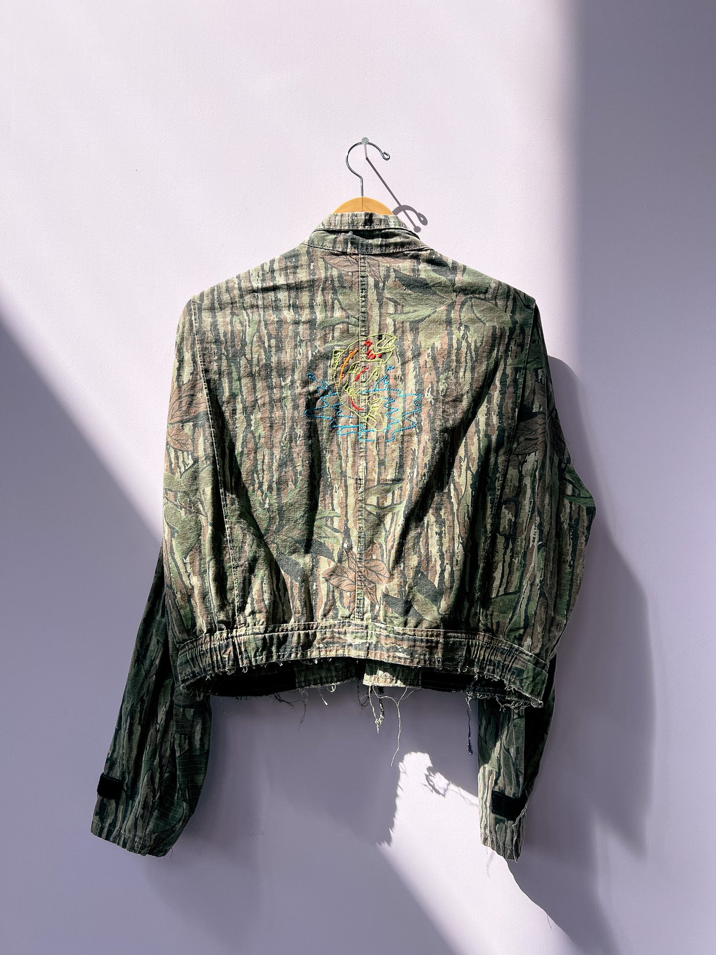 Fish Out Of Water Chain Stitch Upcycle Camo Crop Jacket L