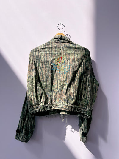 Fish Out Of Water Chain Stitch Upcycle Camo Crop Jacket L