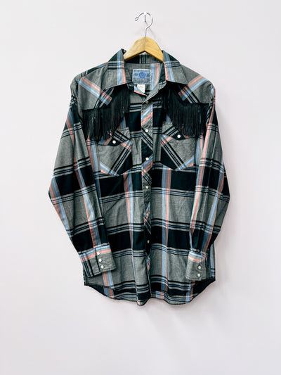 Plaid Fringe Pearl Snap Size M