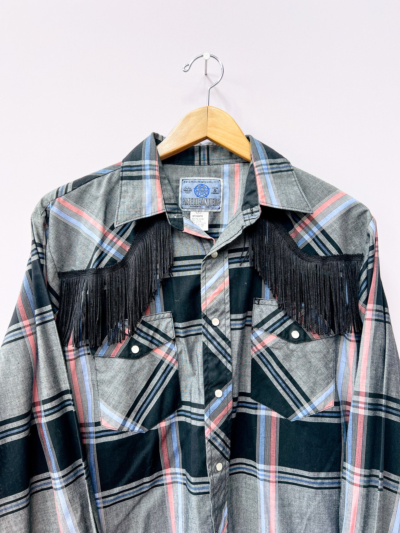 Plaid Fringe Pearl Snap Size M