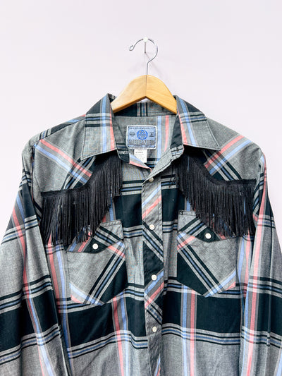 Plaid Fringe Pearl Snap Size M