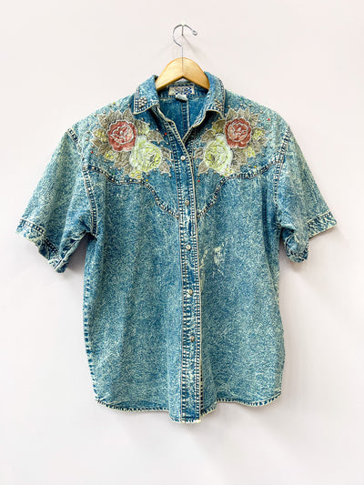 Acid Wash Denim Western Shirt - Medium