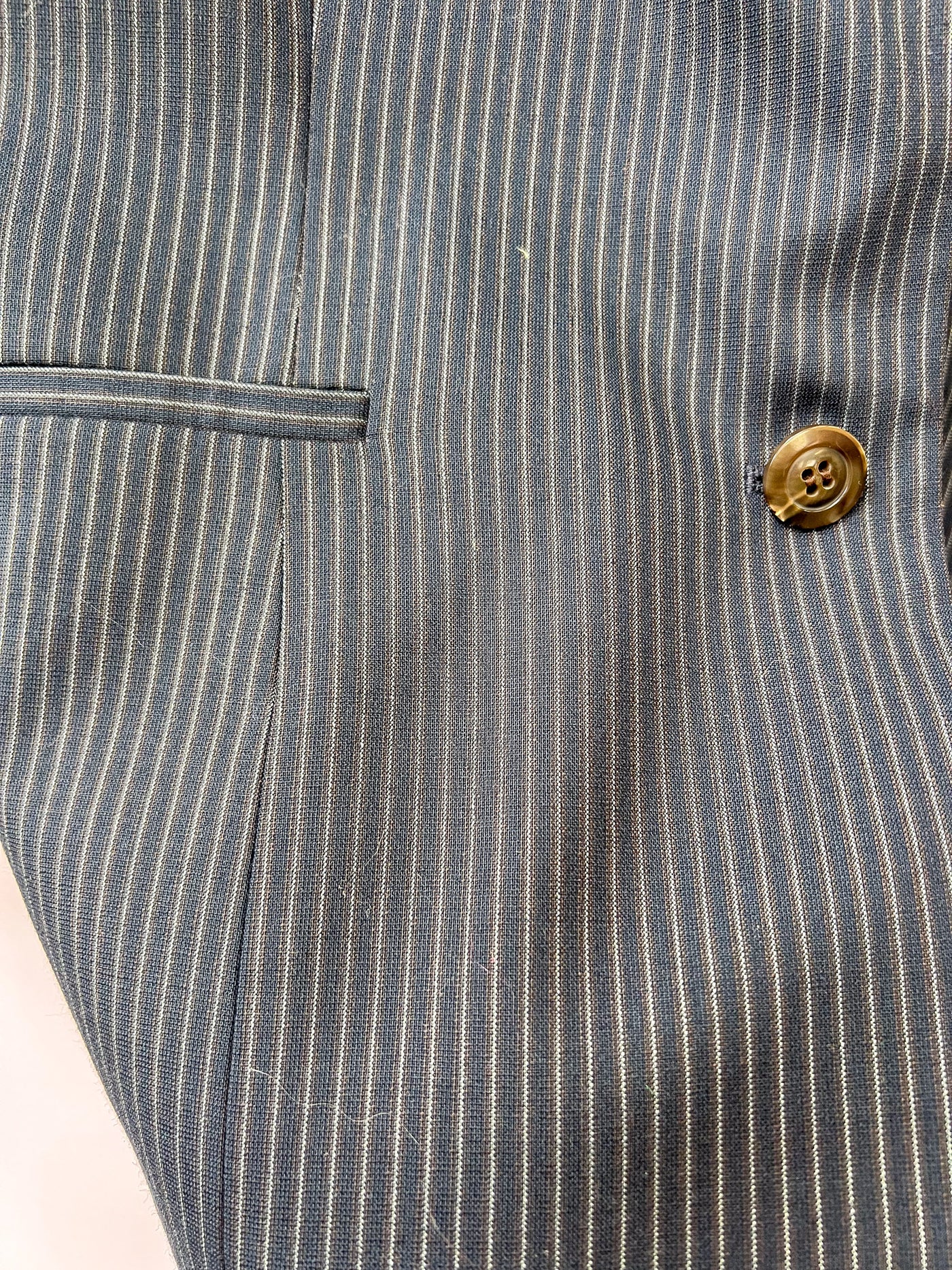 Navy Blue with Cream and Brown Stripe Fitted Blazer-Large