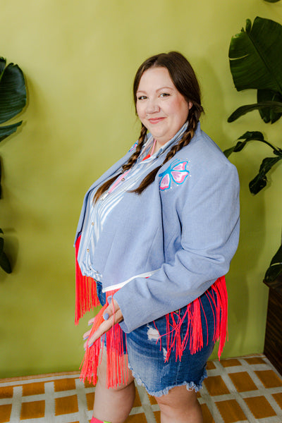 Plus Size Butterfly Crop Fringe Chain Stitch Blazer