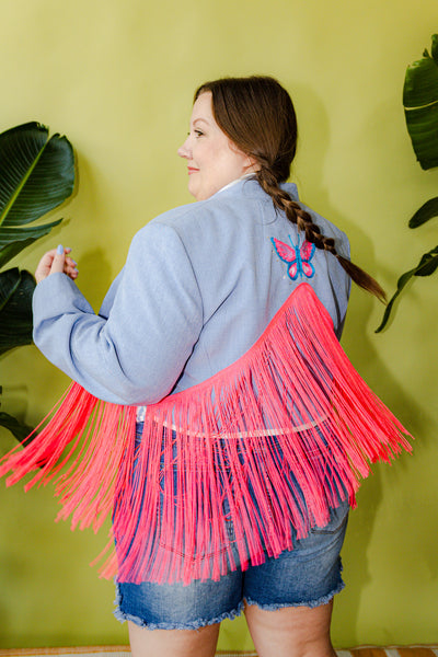 Plus Size Butterfly Crop Fringe Chain Stitch Blazer