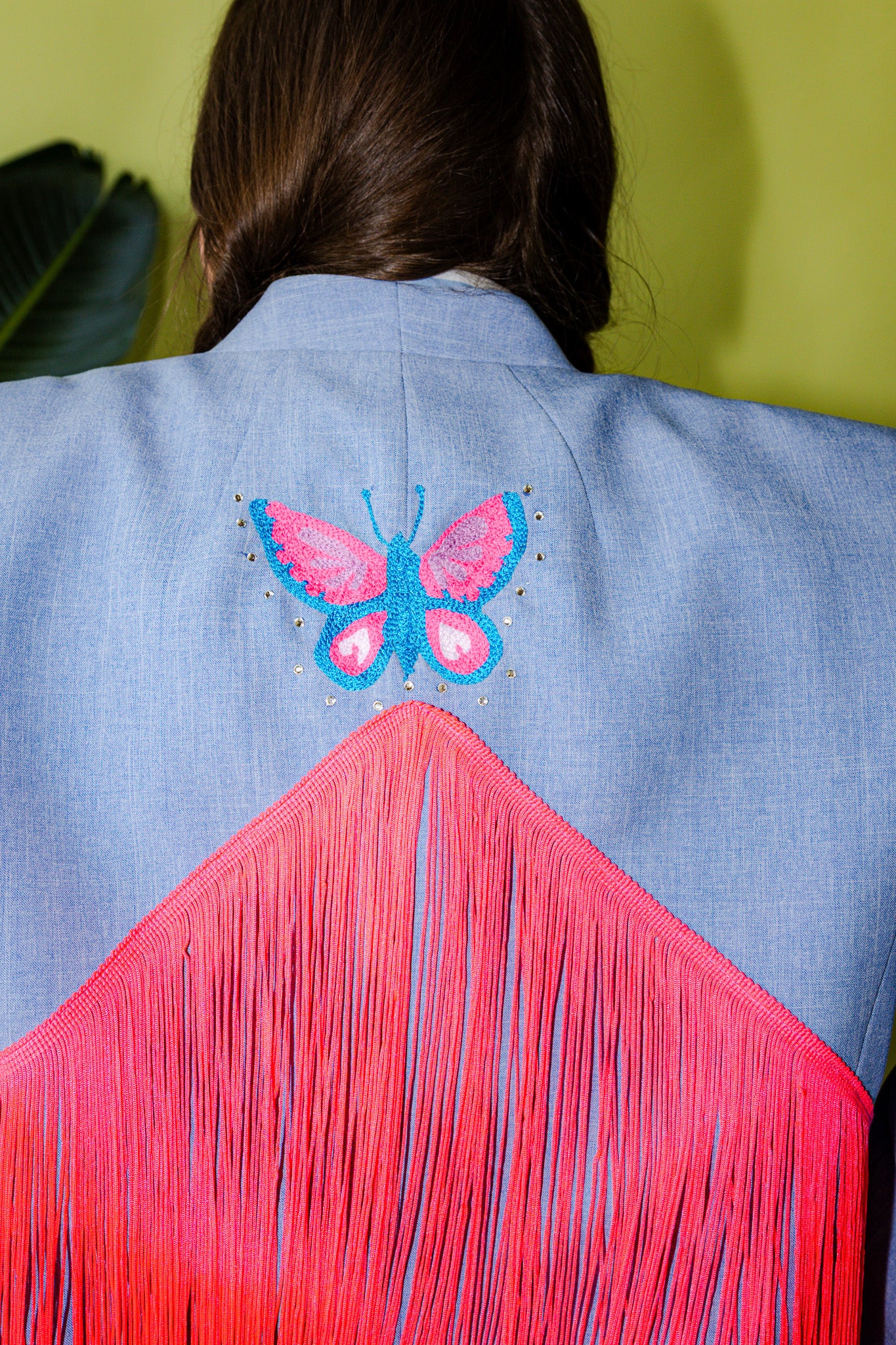 Plus Size Butterfly Crop Fringe Chain Stitch Blazer