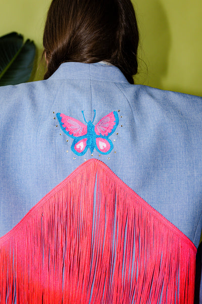Plus Size Butterfly Crop Fringe Chain Stitch Blazer