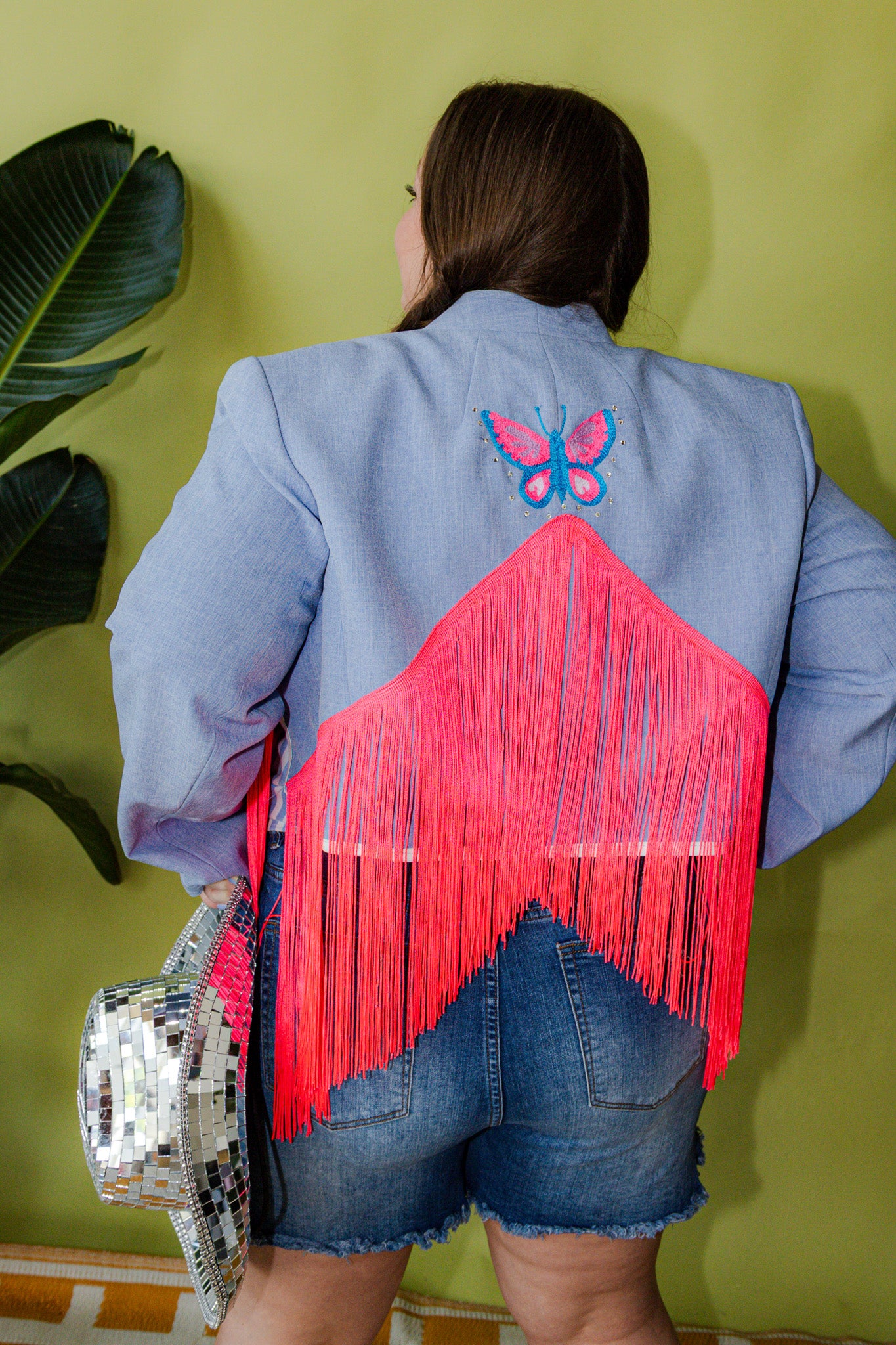 Plus Size Butterfly Crop Fringe Chain Stitch Blazer