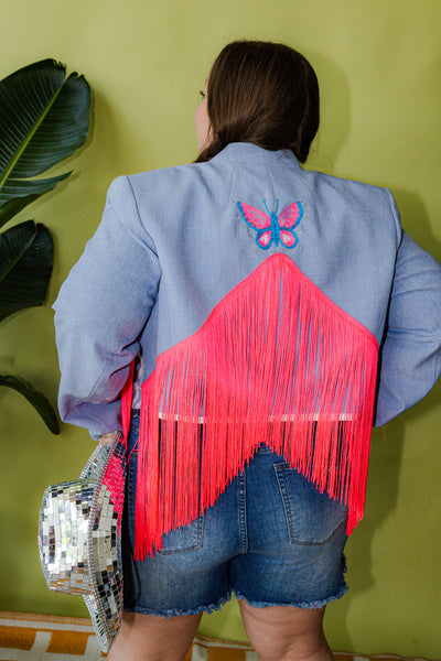 Plus Size Butterfly Crop Fringe Chain Stitch Blazer