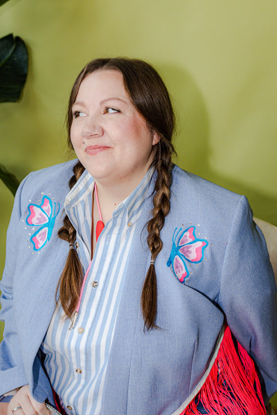 Plus Size Butterfly Crop Fringe Chain Stitch Blazer