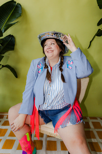 Plus Size Butterfly Crop Fringe Chain Stitch Blazer