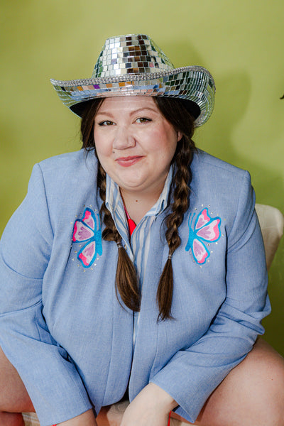 Plus Size Butterfly Crop Fringe Chain Stitch Blazer