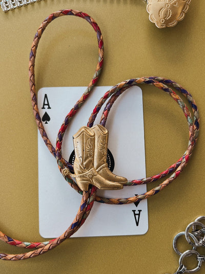Gold Cowboy Boot Leather Bolo Tie