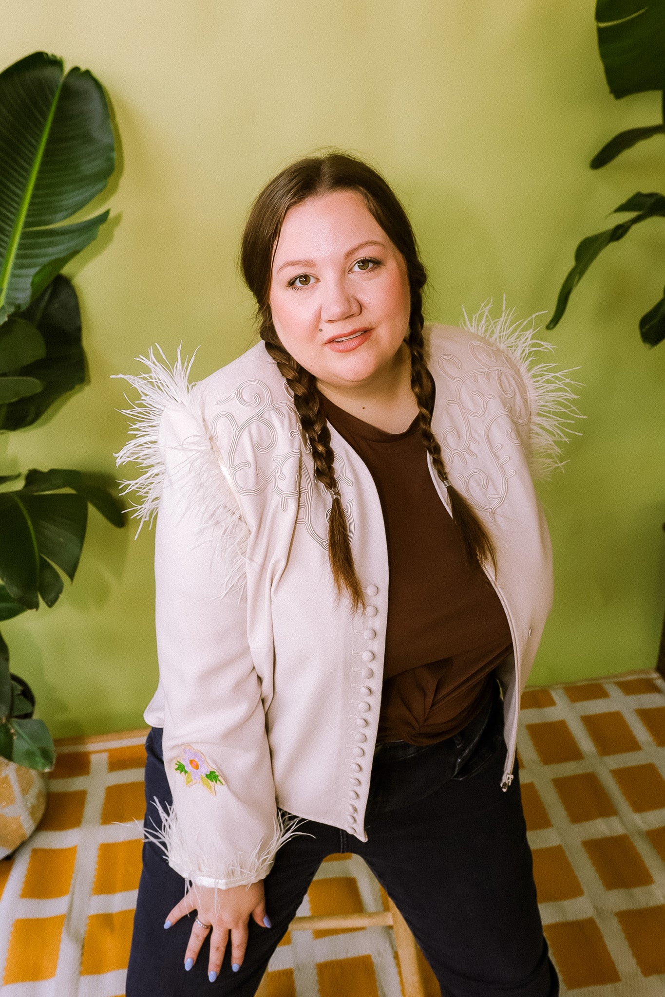 Cream Western Feather Horseshoe Chain Stitch Plus Size Blazer