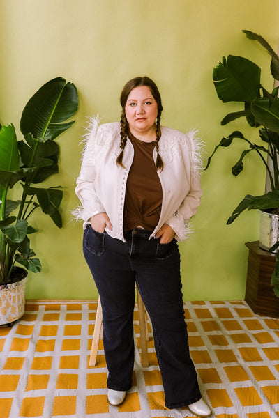 Cream Western Feather Horseshoe Chain Stitch Plus Size Blazer