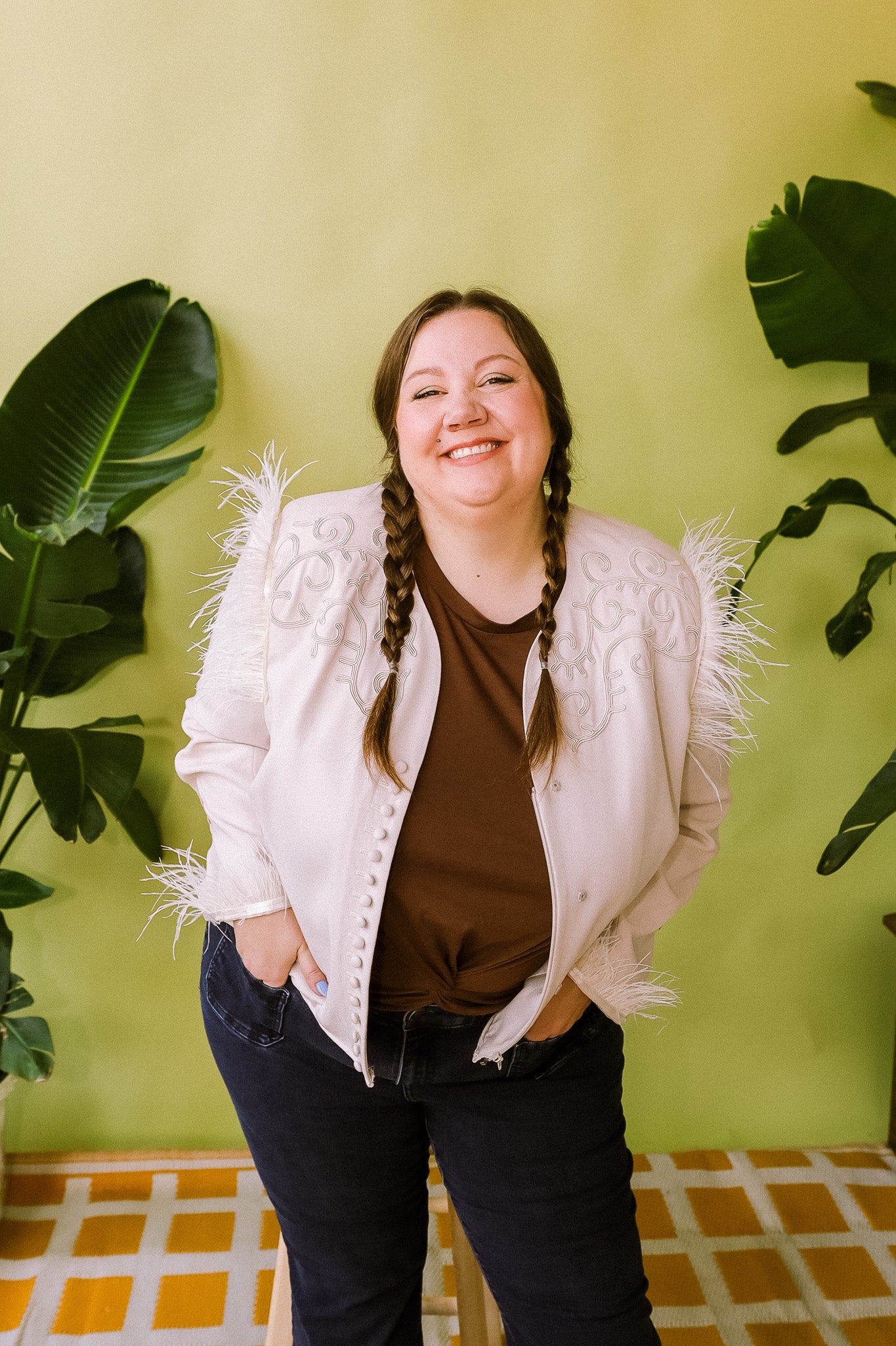Cream Western Feather Horseshoe Chain Stitch Plus Size Blazer
