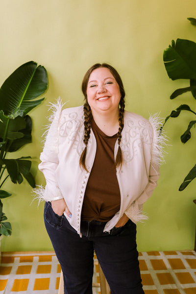 Cream Western Feather Horseshoe Chain Stitch Plus Size Blazer