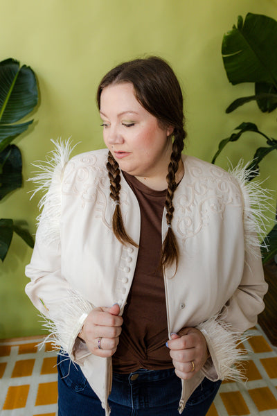Cream Western Feather Horseshoe Chain Stitch Plus Size Blazer
