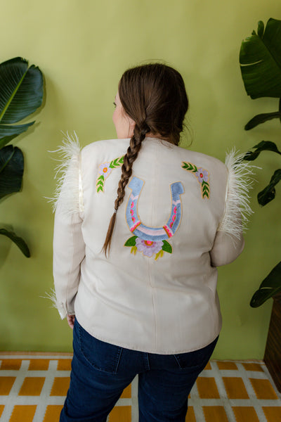 Cream Western Feather Horseshoe Chain Stitch Plus Size Blazer