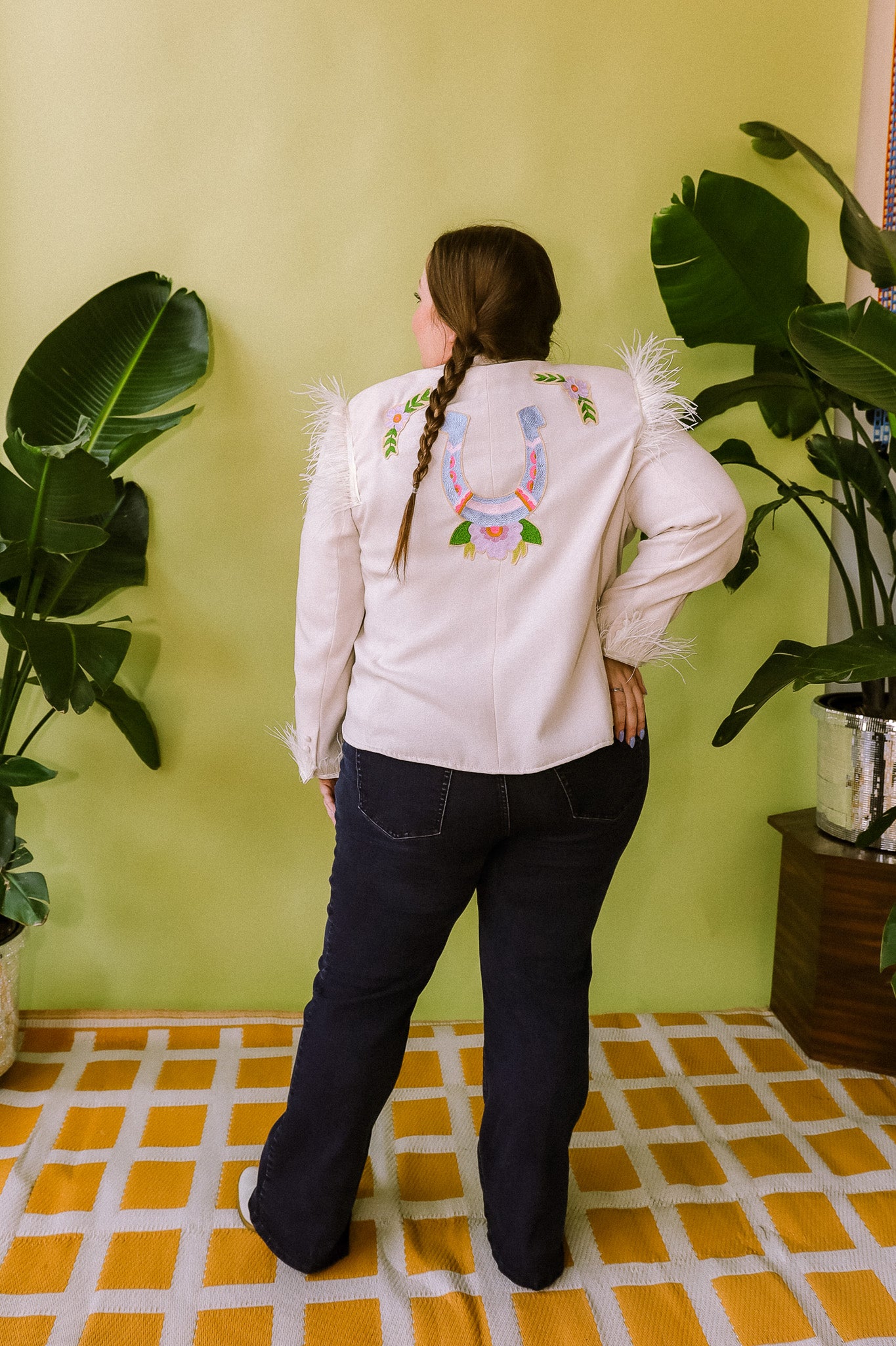 Cream Western Feather Horseshoe Chain Stitch Plus Size Blazer