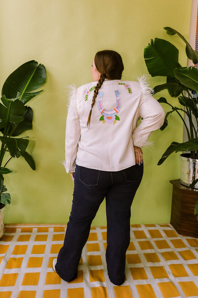 Cream Western Feather Horseshoe Chain Stitch Plus Size Blazer