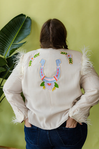 Cream Western Feather Horseshoe Chain Stitch Plus Size Blazer